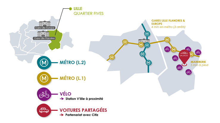Plan d'accessibilité à LA LOCO située dans le quartier de Fives Cail à Lille